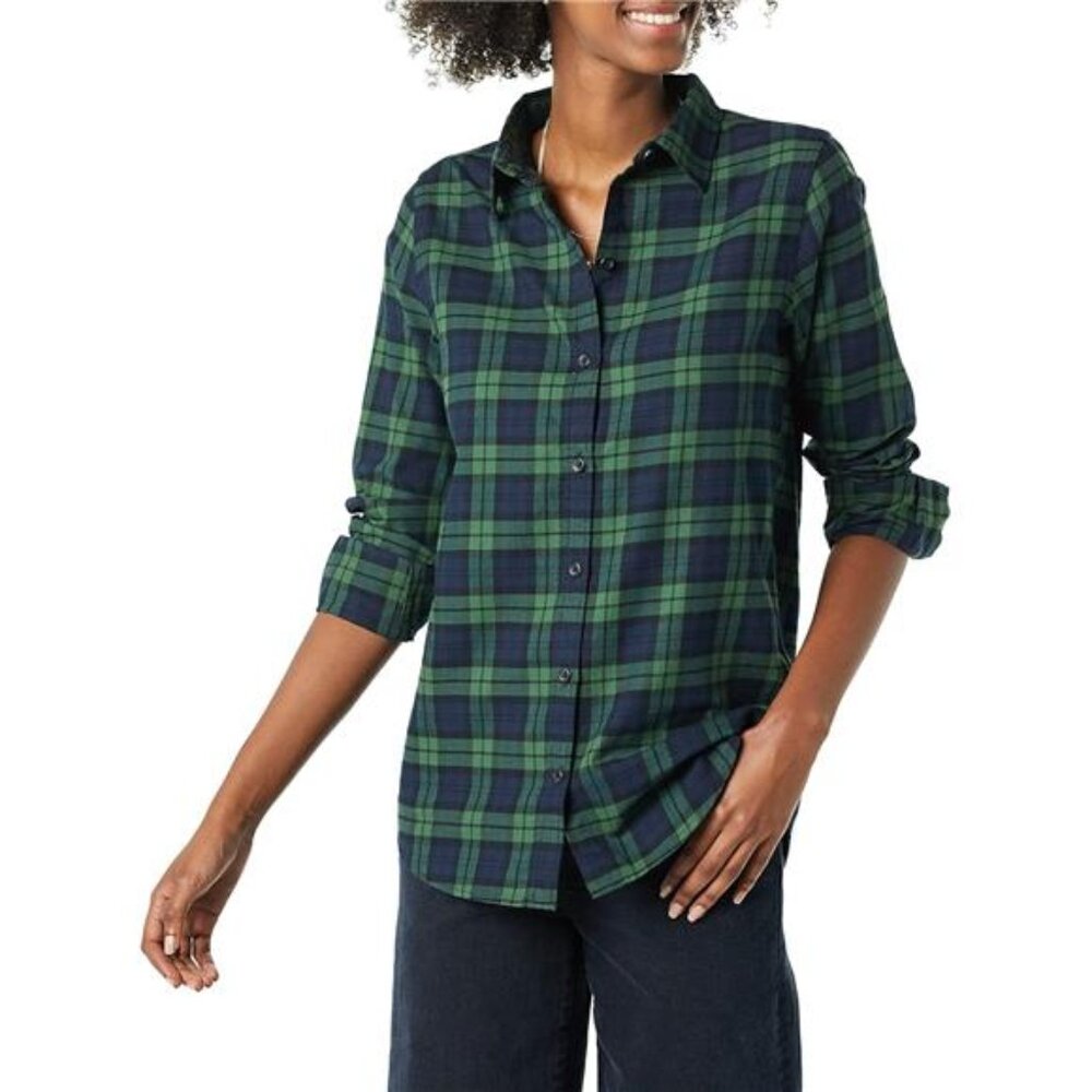 Essentials Womens Regular-Fit Long-Sleeve Lightweight Plaid Flannel